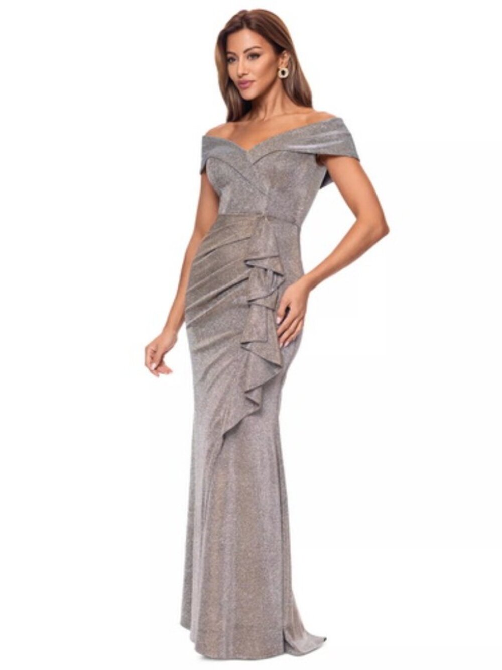 Xscape Sand Metallic Sparkle Off the Shoulder Gown - Picture 2 of 4